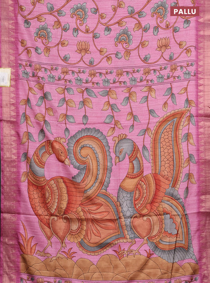 Semi tussar saree light pink with allover floral prints and zari woven border
