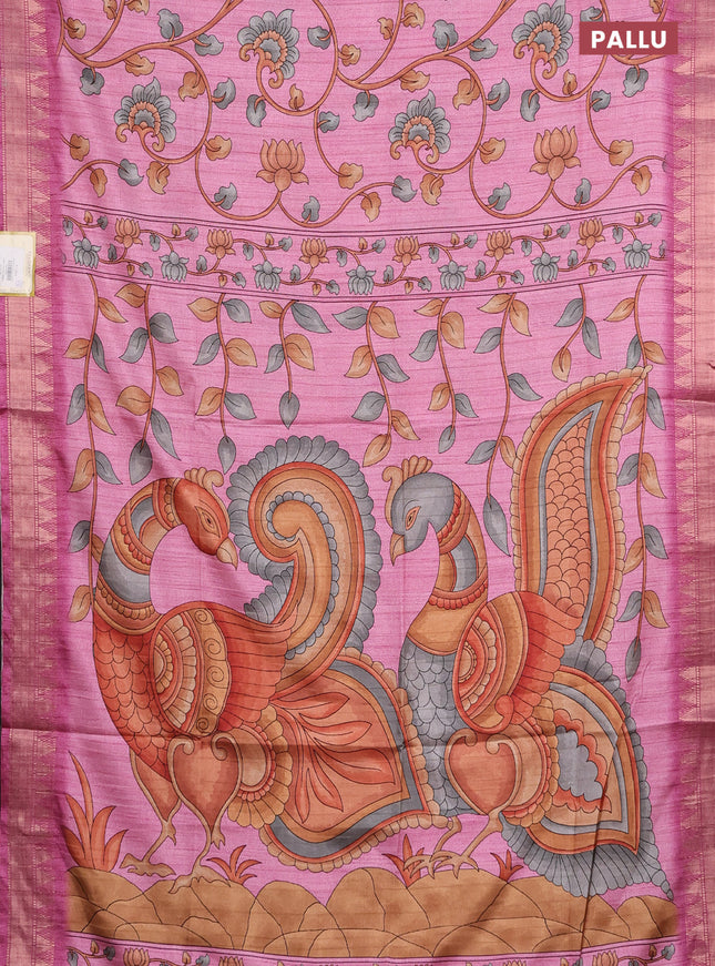 Semi tussar saree light pink with allover floral prints and zari woven border