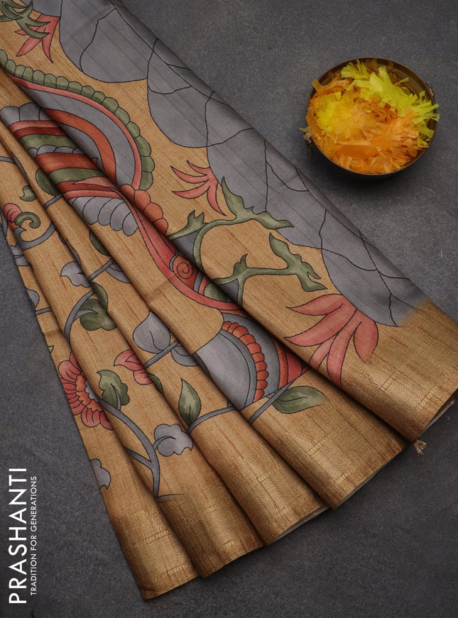 Semi tussar saree dark sandal with allover floral prints and zari woven border