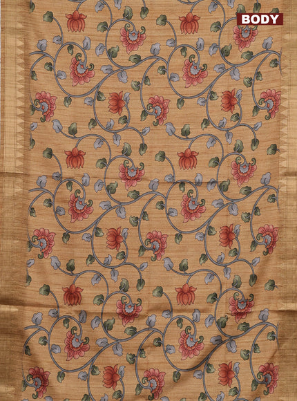 Semi tussar saree dark sandal with allover floral prints and zari woven border