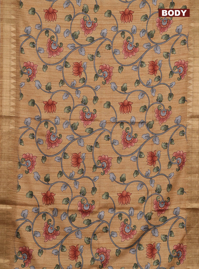 Semi tussar saree dark sandal with allover floral prints and zari woven border