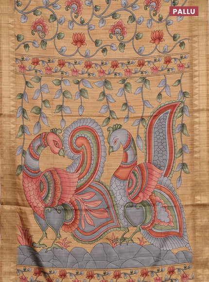 Semi tussar saree dark sandal with allover floral prints and zari woven border