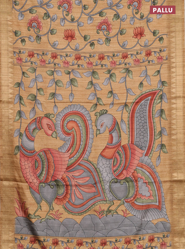 Semi tussar saree dark sandal with allover floral prints and zari woven border