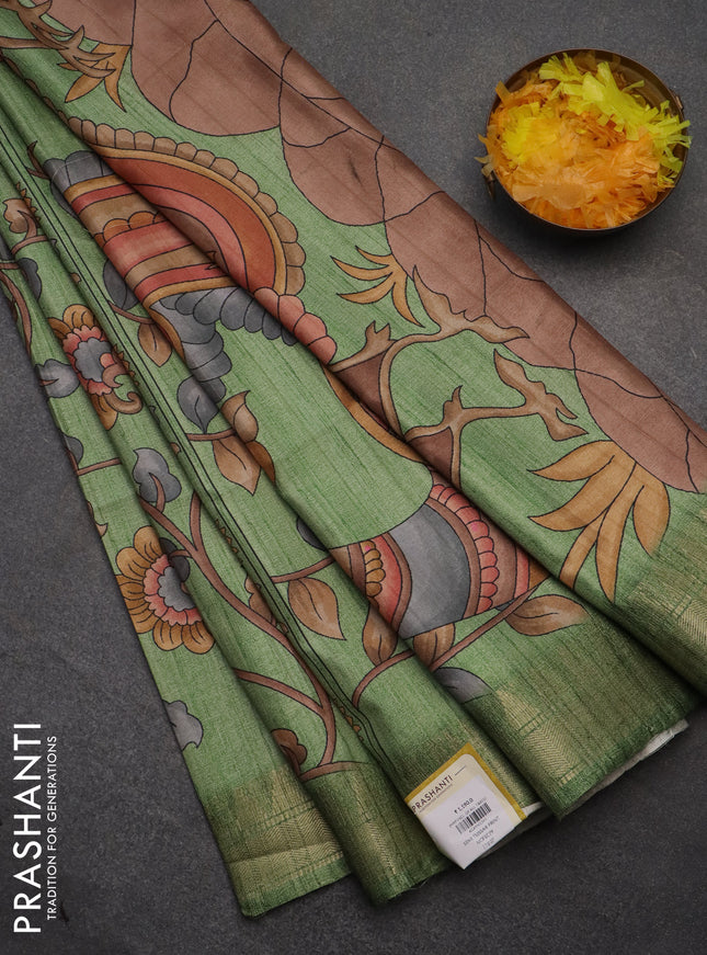 Semi tussar saree pastel green with allover floral prints and zari woven border