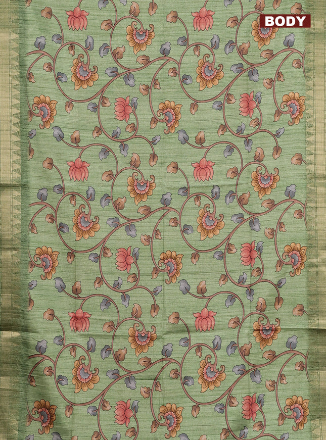Semi tussar saree pastel green with allover floral prints and zari woven border