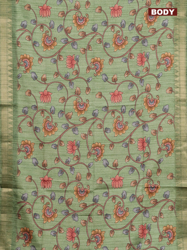 Semi tussar saree pastel green with allover floral prints and zari woven border