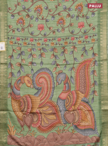 Semi tussar saree pastel green with allover floral prints and zari woven border