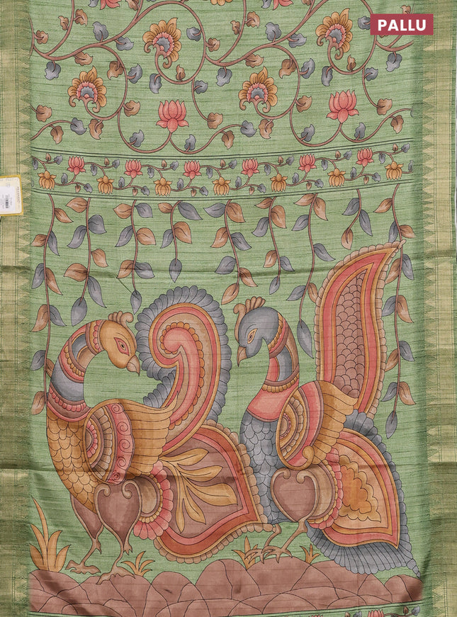 Semi tussar saree pastel green with allover floral prints and zari woven border