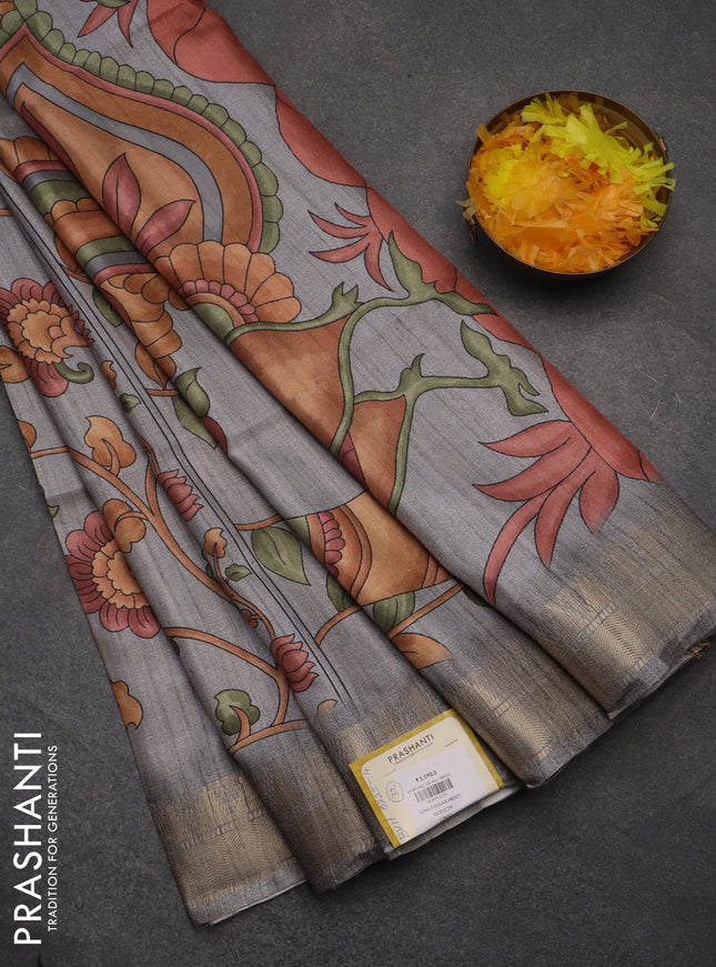 Semi tussar saree grey with allover floral prints and zari woven border