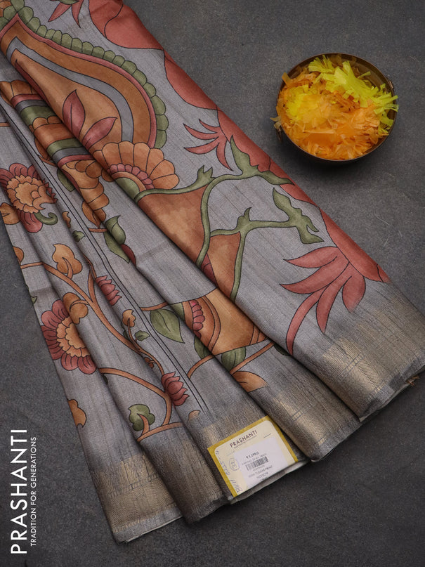 Semi tussar saree grey with allover floral prints and zari woven border