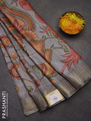 Semi tussar saree grey with allover floral prints and zari woven border
