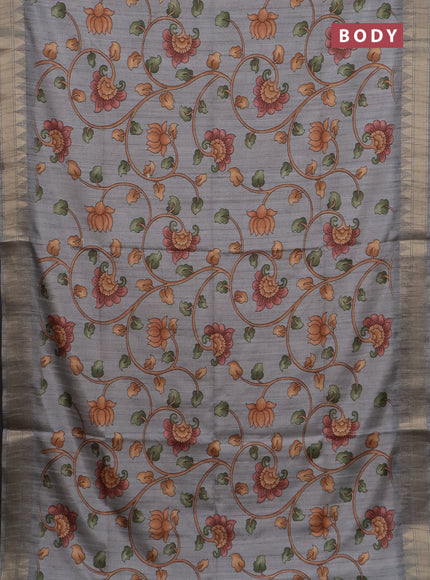 Semi tussar saree grey with allover floral prints and zari woven border