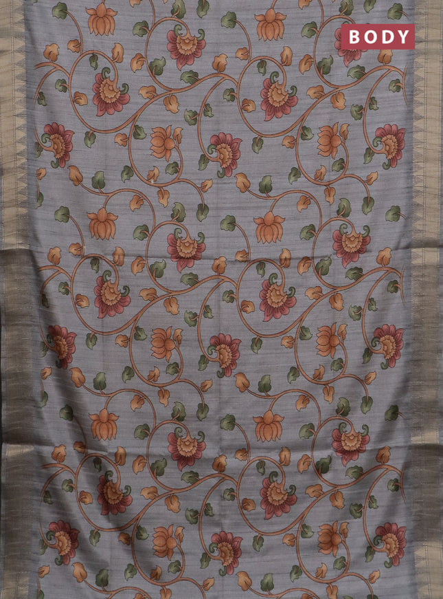 Semi tussar saree grey with allover floral prints and zari woven border