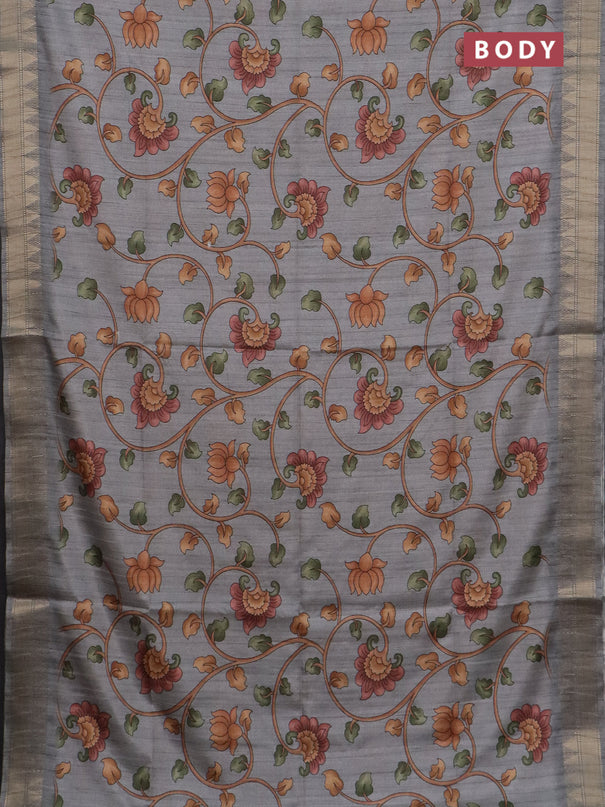 Semi tussar saree grey with allover floral prints and zari woven border