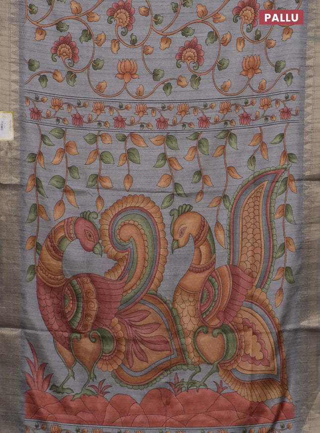 Semi tussar saree grey with allover floral prints and zari woven border