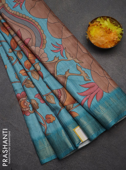 Semi tussar saree pastel blue with allover floral prints and zari woven border