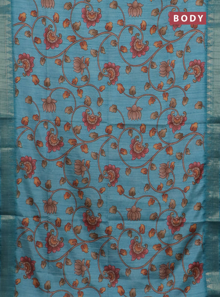 Semi tussar saree pastel blue with allover floral prints and zari woven border