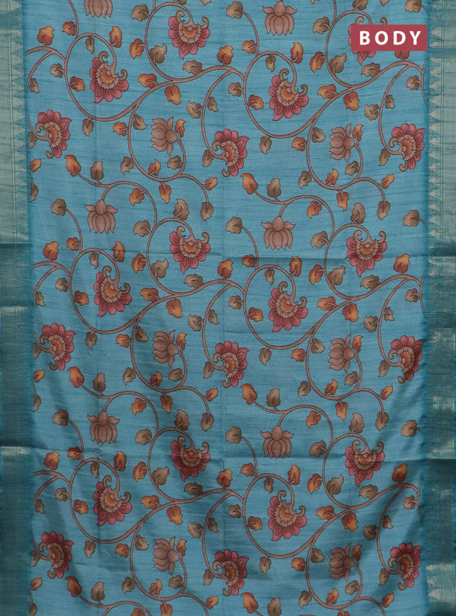 Semi tussar saree pastel blue with allover floral prints and zari woven border