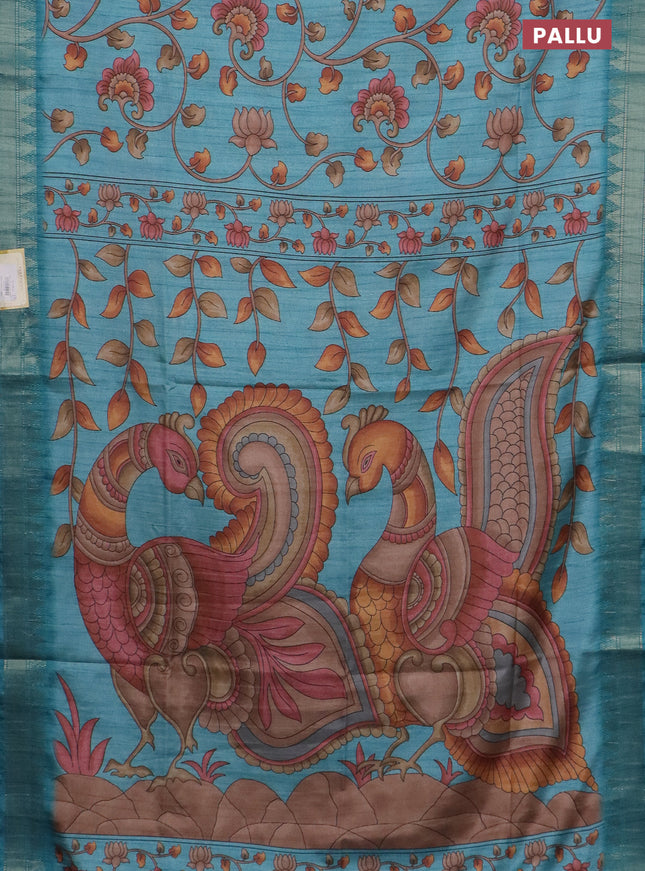 Semi tussar saree pastel blue with allover floral prints and zari woven border