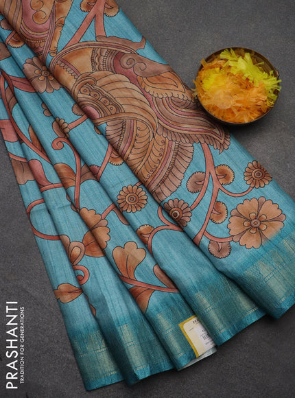 Semi tussar saree pastel blue with allover floral prints and zari woven border