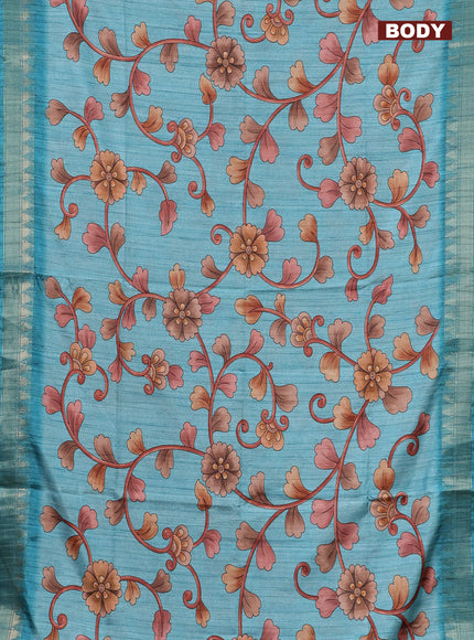 Semi tussar saree pastel blue with allover floral prints and zari woven border