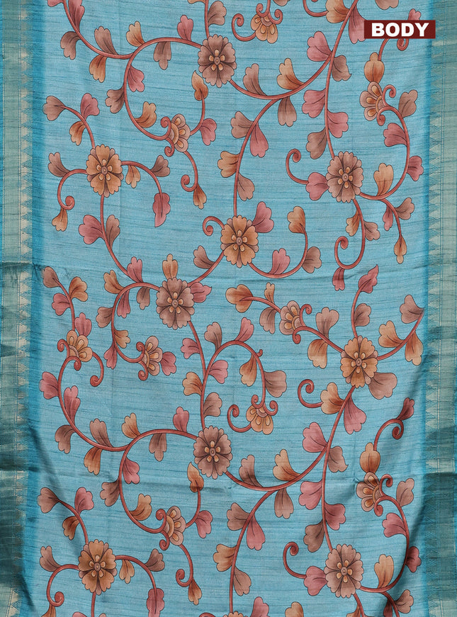 Semi tussar saree pastel blue with allover floral prints and zari woven border