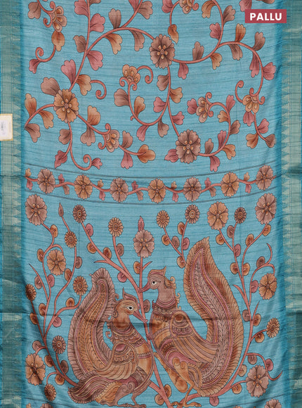 Semi tussar saree pastel blue with allover floral prints and zari woven border