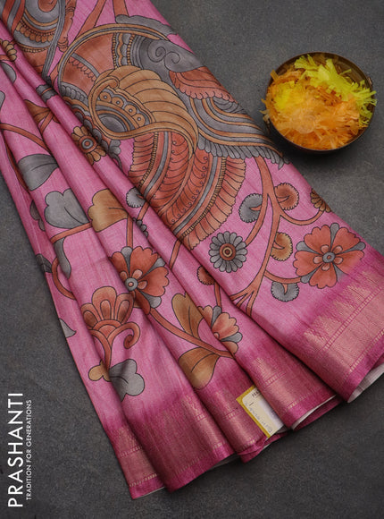 Semi tussar saree light pink with allover floral prints and zari woven border