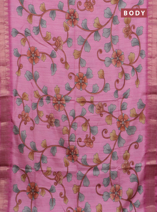 Semi tussar saree light pink with allover floral prints and zari woven border