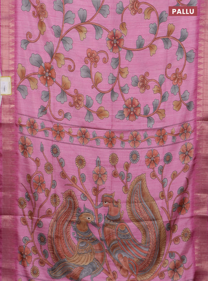 Semi tussar saree light pink with allover floral prints and zari woven border