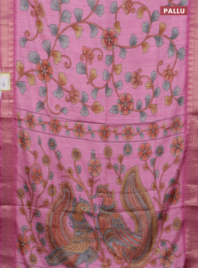 Semi tussar saree light pink with allover floral prints and zari woven border