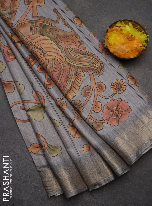 Semi tussar saree grey with allover floral prints and zari woven border