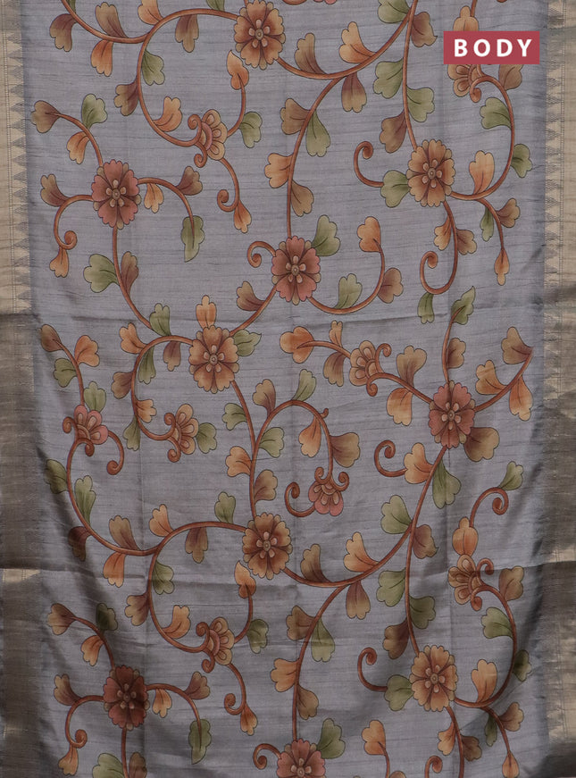 Semi tussar saree grey with allover floral prints and zari woven border