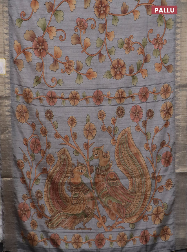 Semi tussar saree grey with allover floral prints and zari woven border