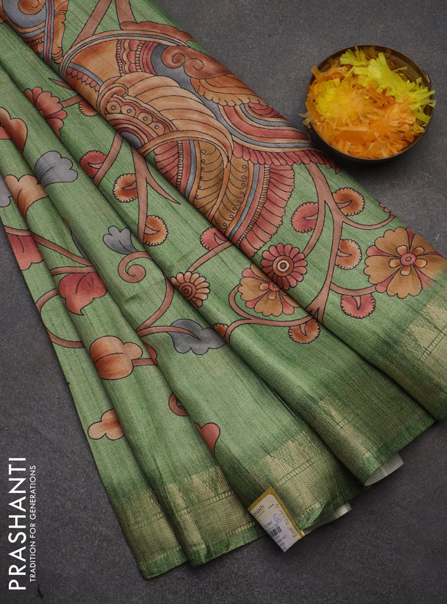 Semi tussar saree green with allover floral prints and zari woven border