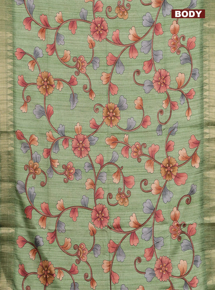 Semi tussar saree green with allover floral prints and zari woven border