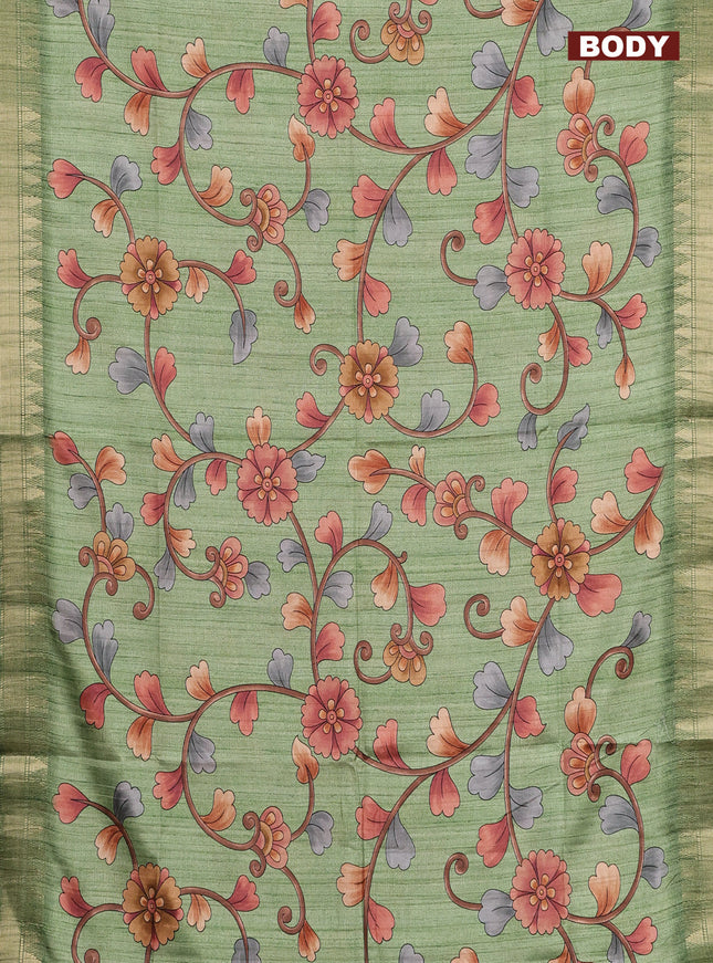 Semi tussar saree green with allover floral prints and zari woven border