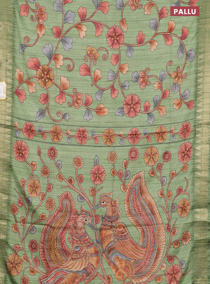 Semi tussar saree green with allover floral prints and zari woven border