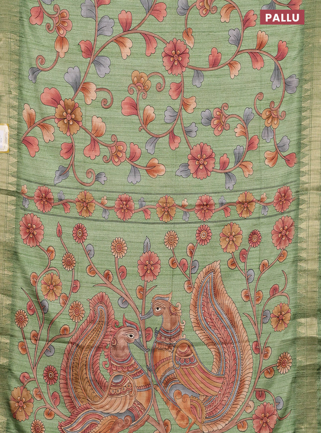 Semi tussar saree green with allover floral prints and zari woven border