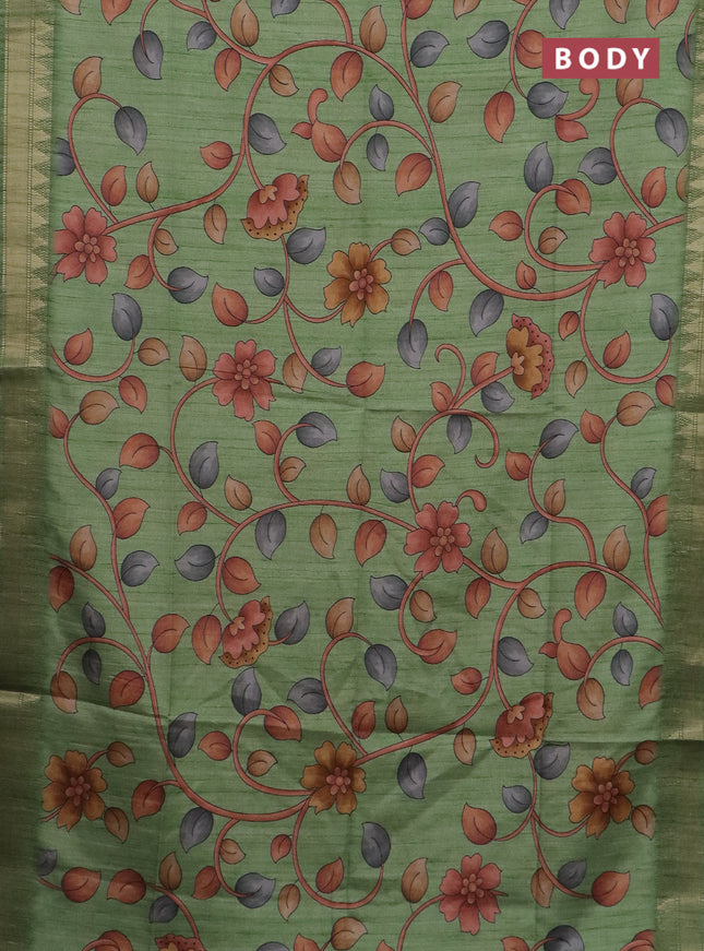 Semi tussar saree light green with allover floral prints and zari woven border