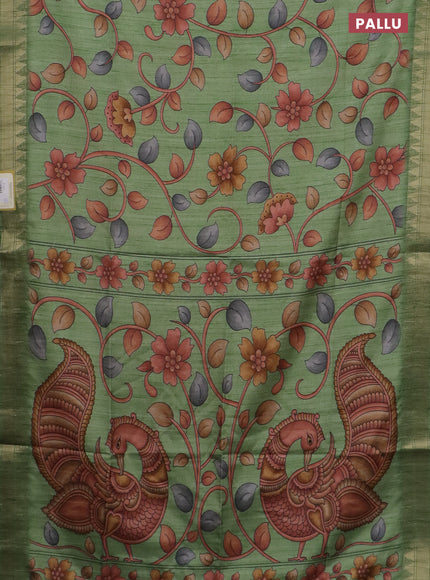 Semi tussar saree light green with allover floral prints and zari woven border