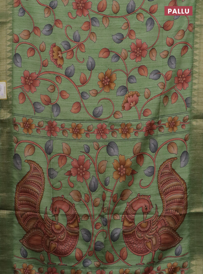 Semi tussar saree light green with allover floral prints and zari woven border