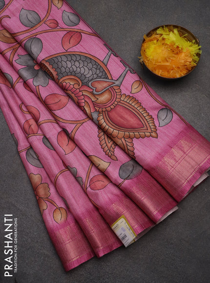 Semi tussar saree light pink with allover floral prints and zari woven border