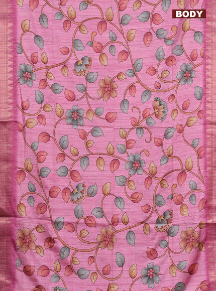 Semi tussar saree light pink with allover floral prints and zari woven border