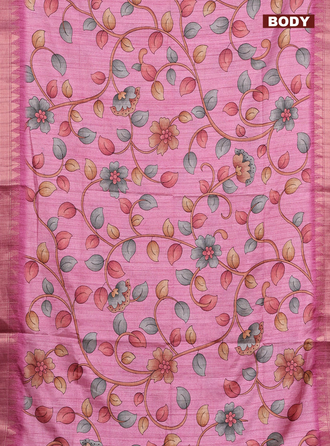 Semi tussar saree light pink with allover floral prints and zari woven border