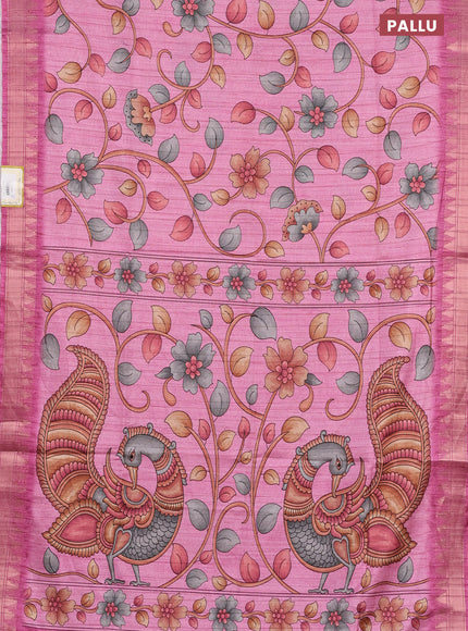 Semi tussar saree light pink with allover floral prints and zari woven border