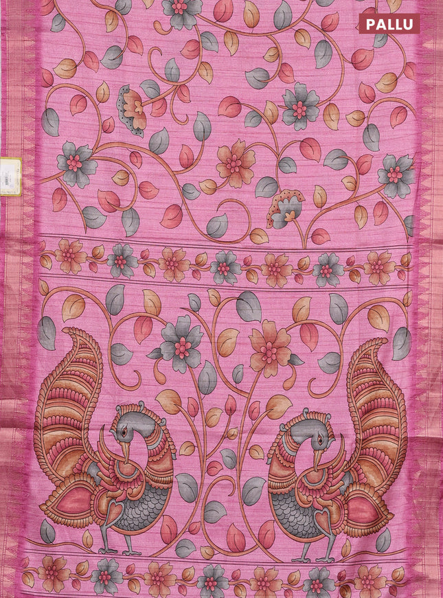 Semi tussar saree light pink with allover floral prints and zari woven border