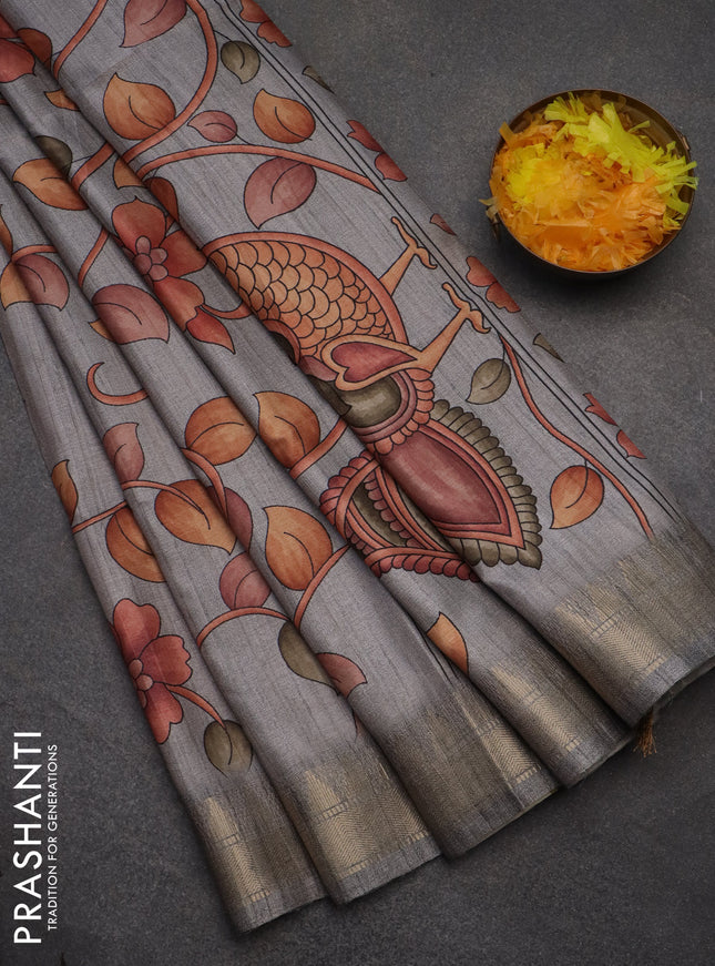 Semi tussar saree grey with allover floral prints and zari woven border