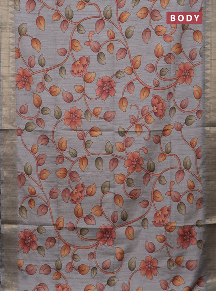 Semi tussar saree grey with allover floral prints and zari woven border