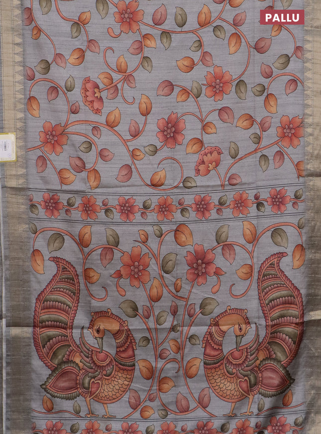 Semi tussar saree grey with allover floral prints and zari woven border